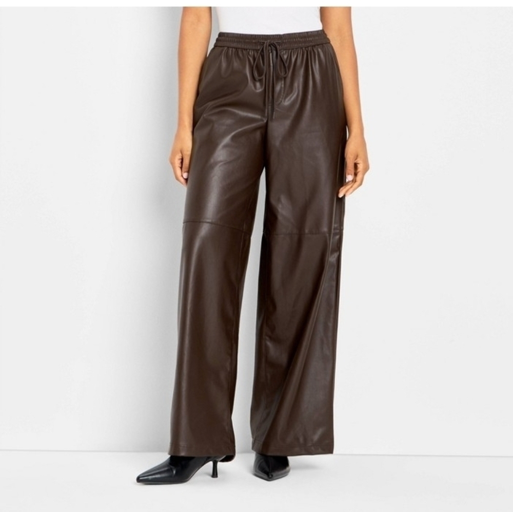 Wide Leg Faux Leather Pants in Dark Brown